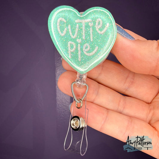 CUTIE PIE! Candy Heart Glitter Badge Reel