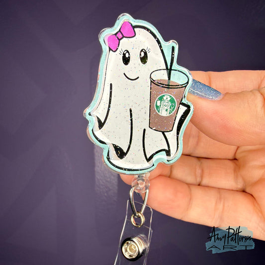 Iced Coffee Ghostie Glitter Badge Reel