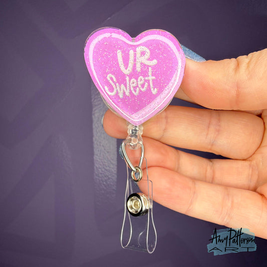 UR SWEET! Candy Heart Glitter Badge Reel